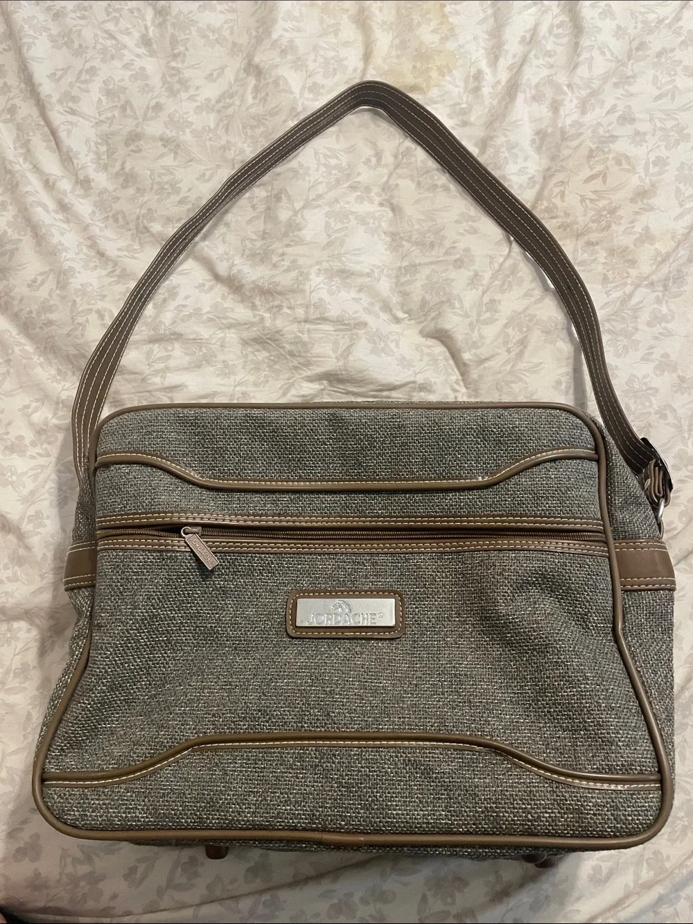 Jordache vintage Grey Tweed Shoulder Bag with Tan Trim